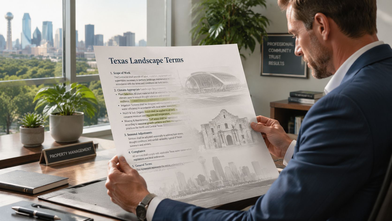 A professional reviewing a commercial landscape contract document in an office overlooking a city skyline.