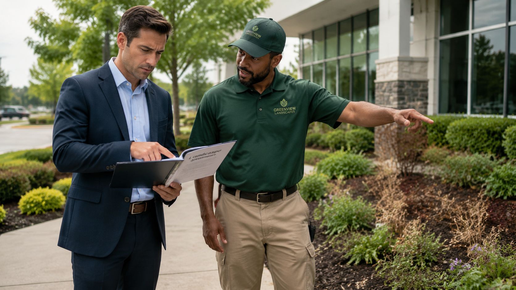 A professional landscaper points to a plant bed while discussing a project contract with a business owner.