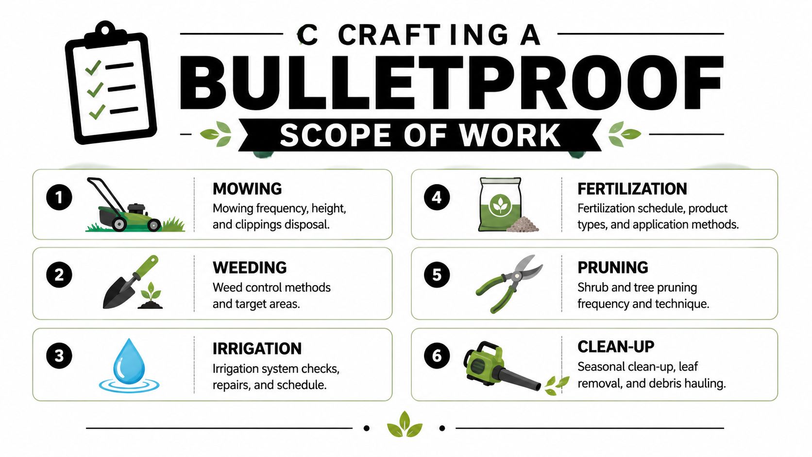 An infographic detailing six essential components for creating a professional commercial landscaping scope of work document.