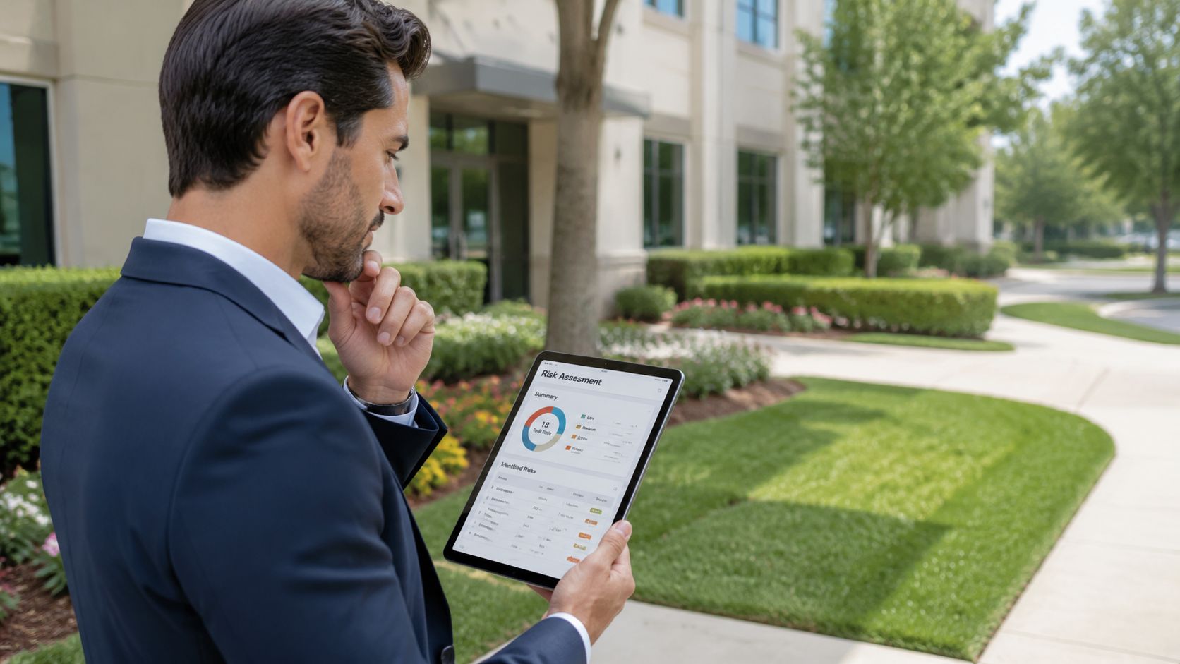 A professional man in a business suit reviewing a risk assessment report on a tablet outdoors.