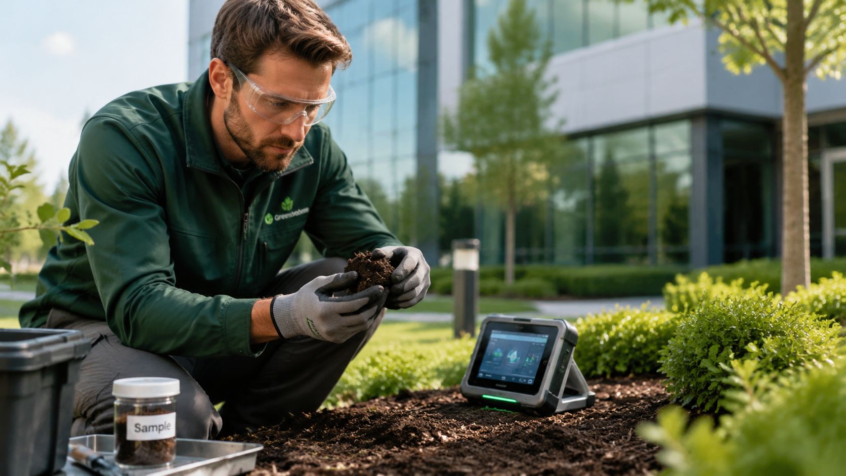 A professional landscaper wearing safety goggles and gloves analyzes a soil sample in a commercial garden setting.