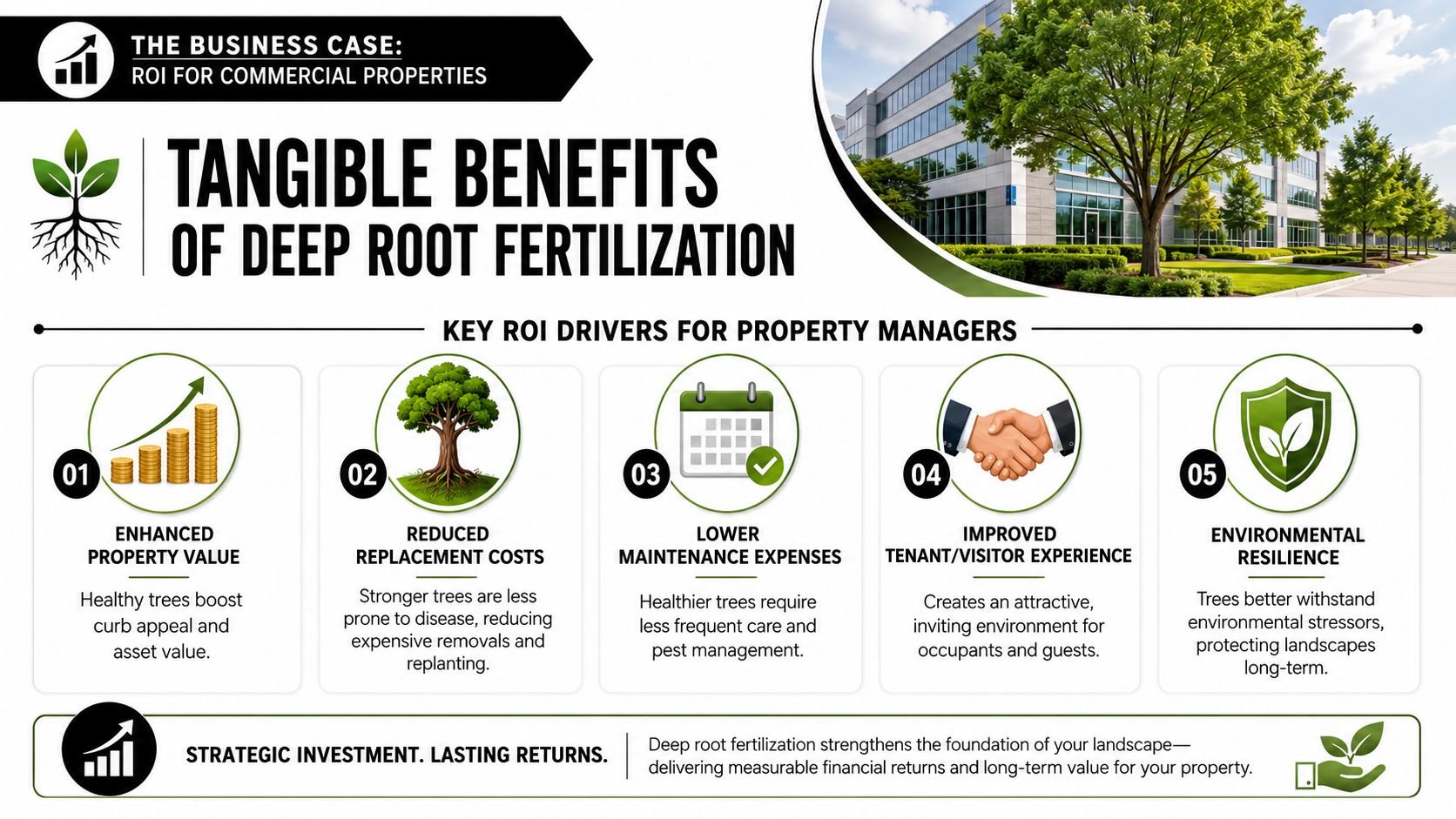 An infographic detailing the financial and aesthetic benefits of deep root fertilization for commercial property landscaping.