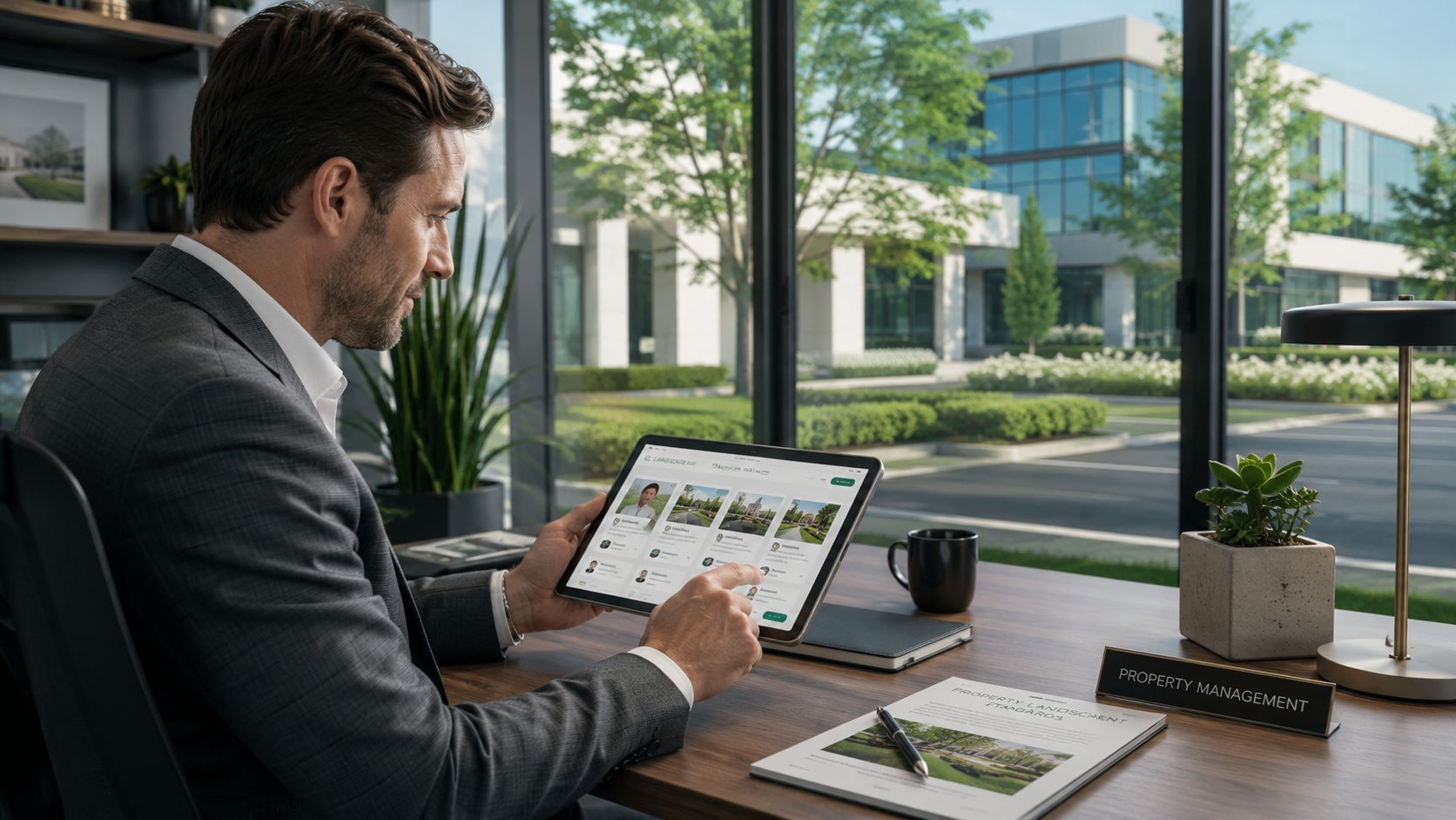 A professional manager using a digital tablet to review deep tree root fertilization projects in an office.