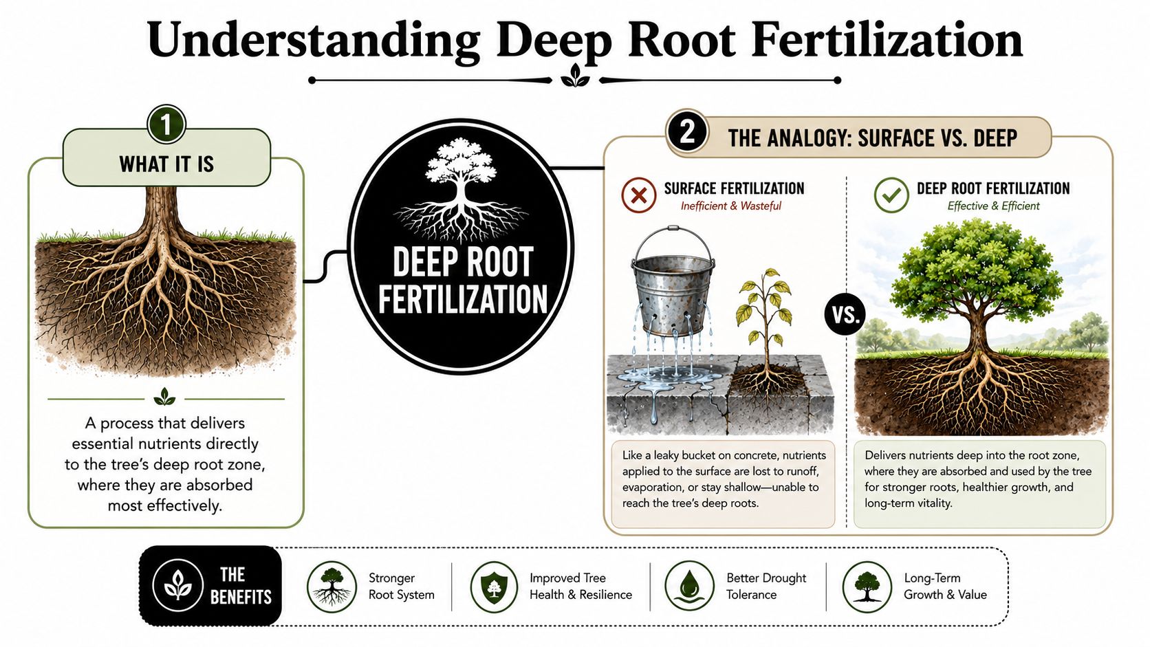 An infographic explaining the benefits and process of deep root fertilization for trees compared to surface application.