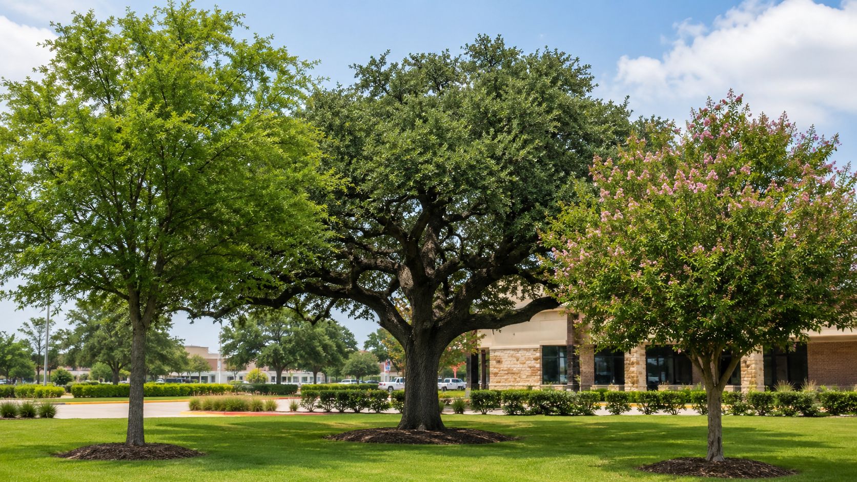 Three healthy, green trees stand in a grassy field in front of a stone commercial building.