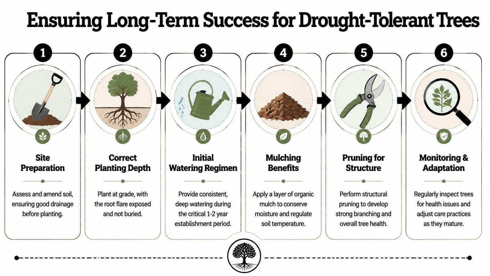 A step-by-step infographic showing six essential practices for ensuring the long-term success of drought-tolerant trees.