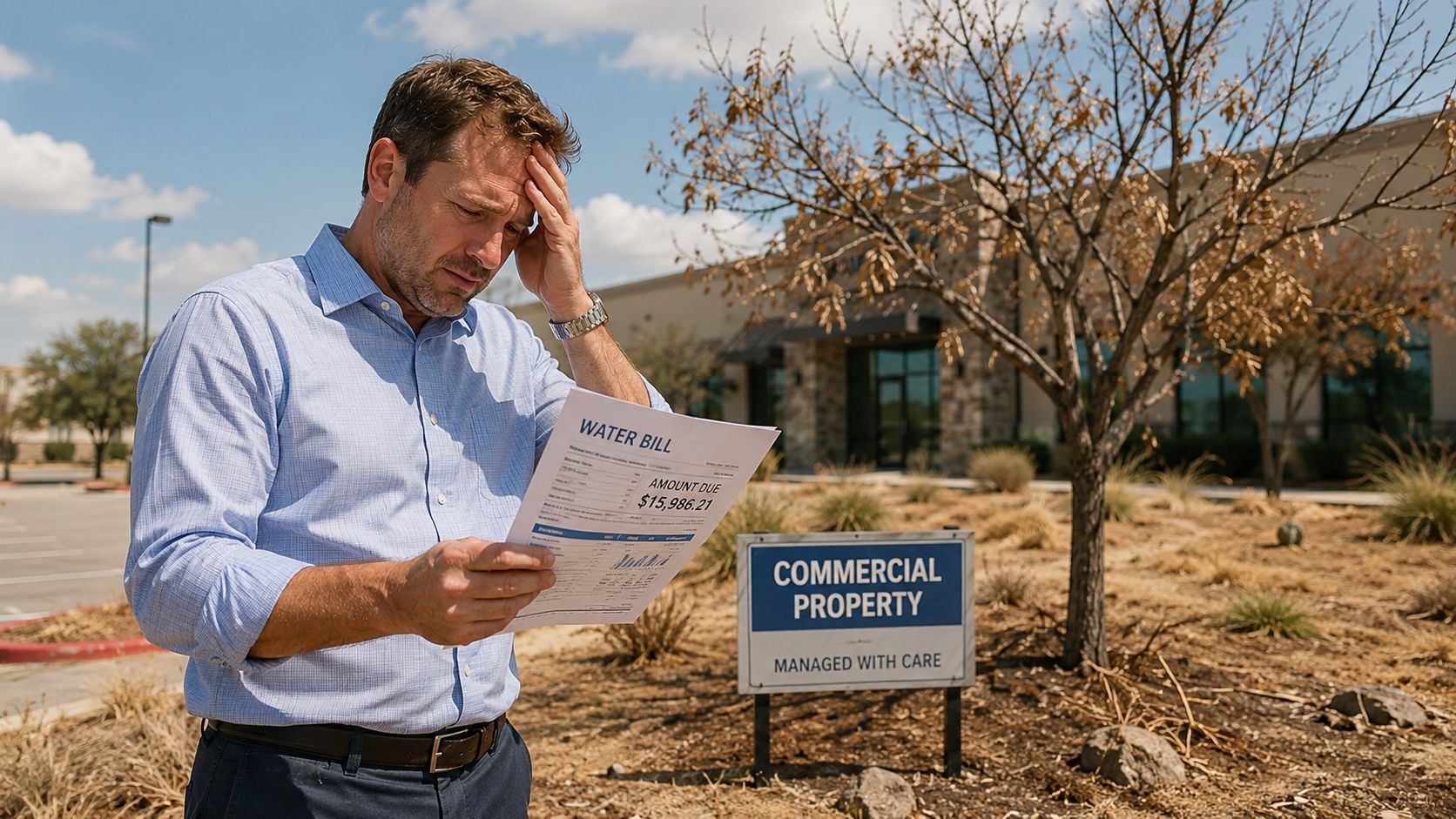A distressed man looking at a high water bill while standing near a commercial property sign.