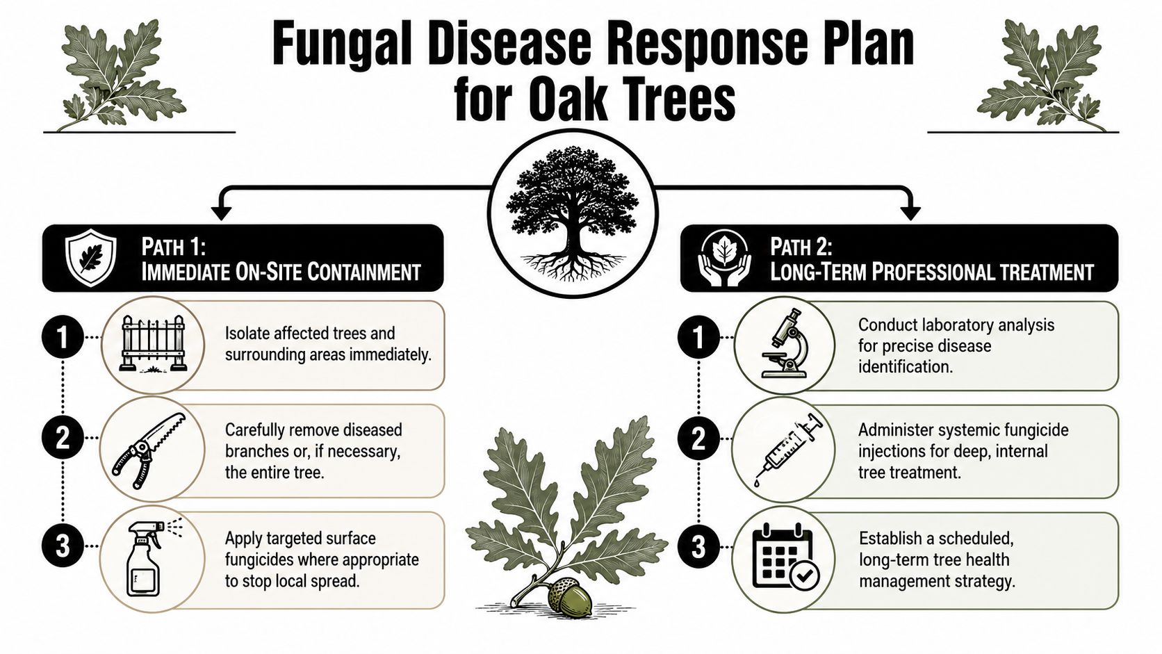 A diagram outlining a two-path response plan for managing fungal disease in oak trees.