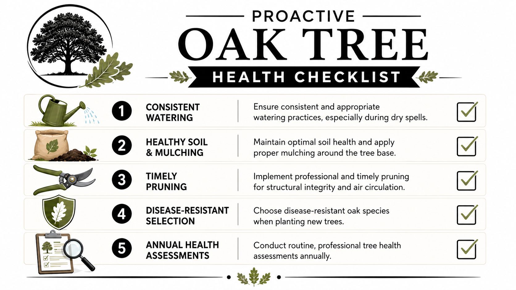 A proactive oak tree health checklist infographic highlighting five essential maintenance steps for ensuring tree vitality.