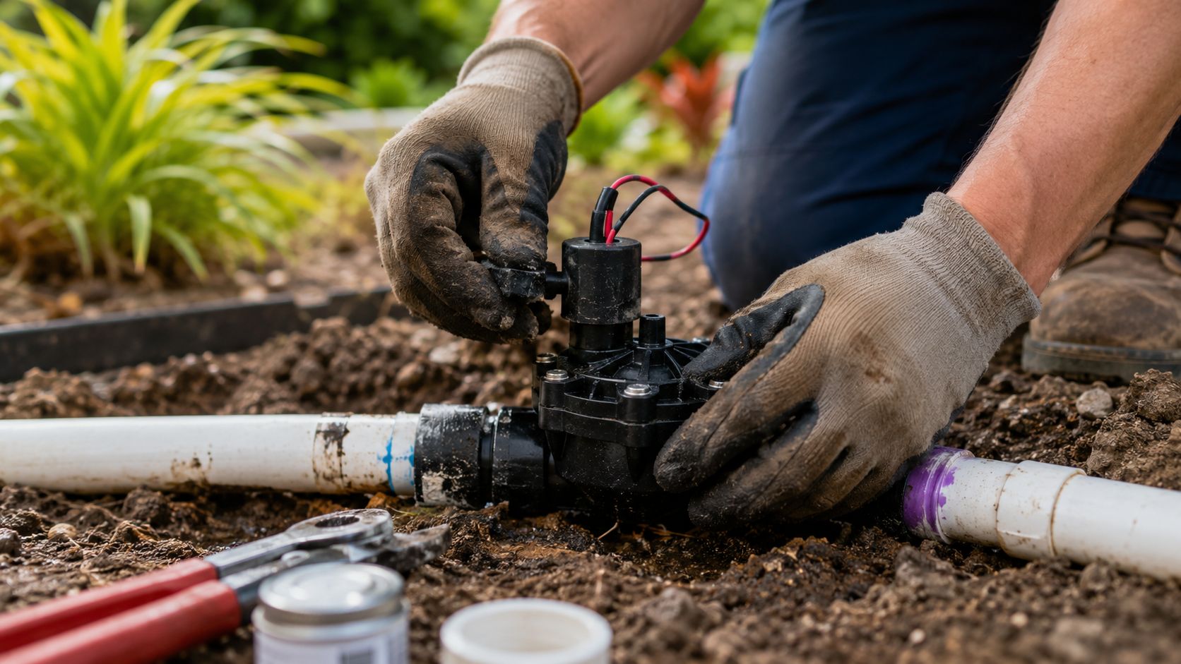 A landscaper in work gloves repairing an irrigation system valve in a garden bed with tools nearby.