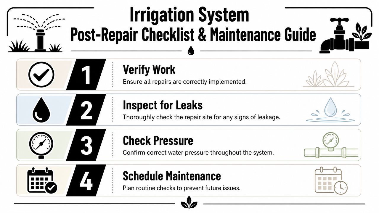 A four-step checklist infographic for performing post-repair maintenance on an irrigation system for homeowners.