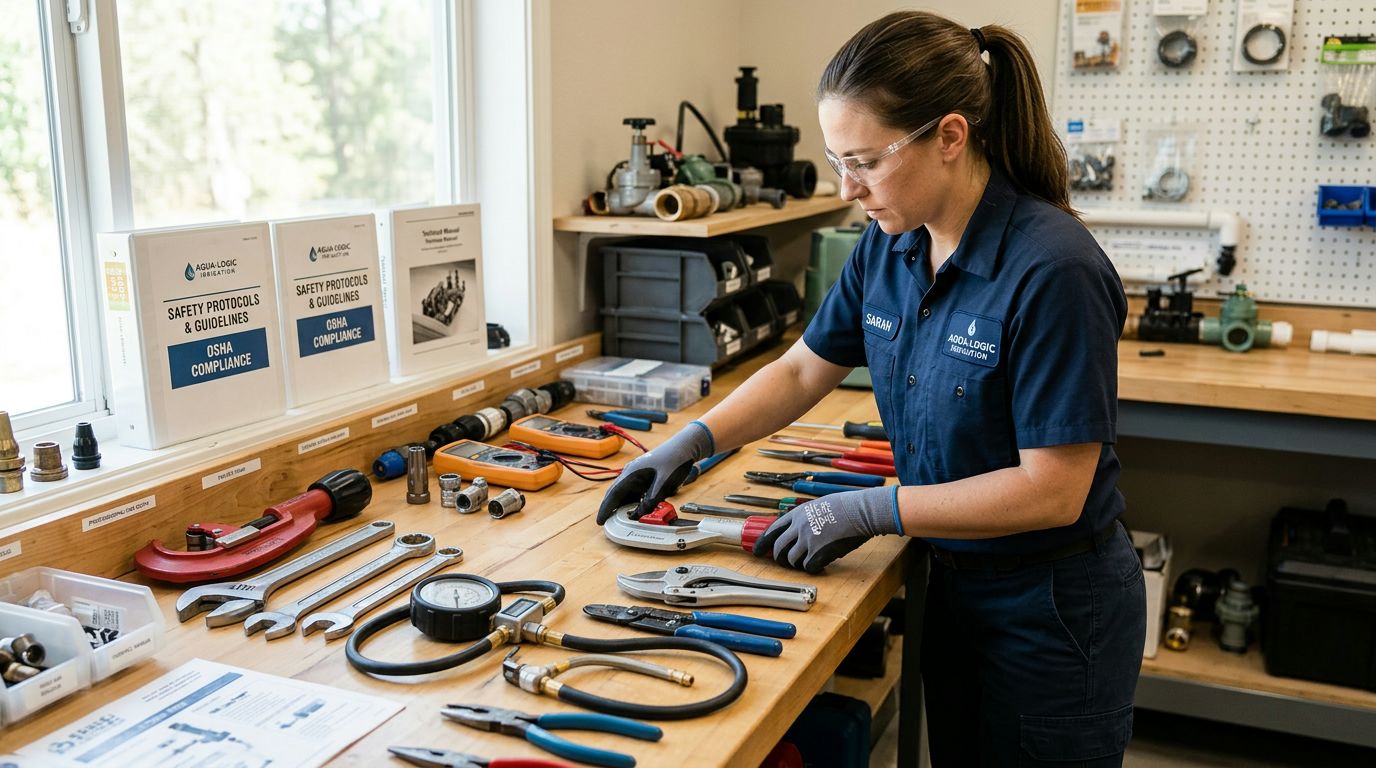 A professional irrigation technician wearing safety glasses and gloves, working on plumbing tools at a workbench.