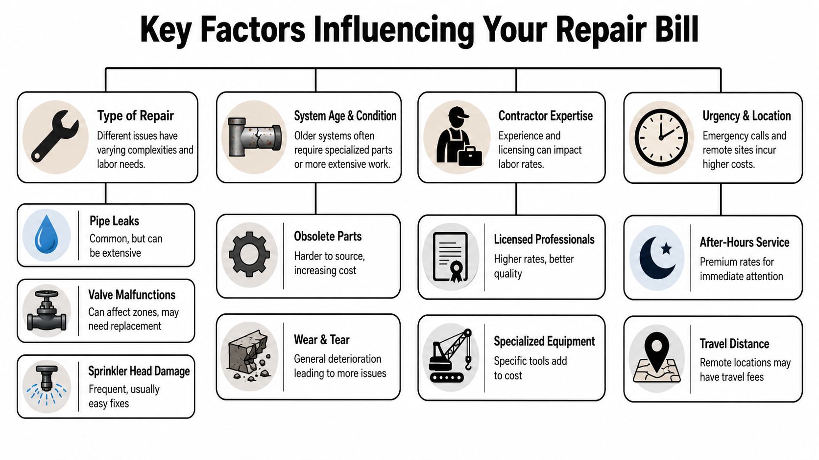 A flowchart outlining the key factors that influence the total cost of an irrigation system repair.
