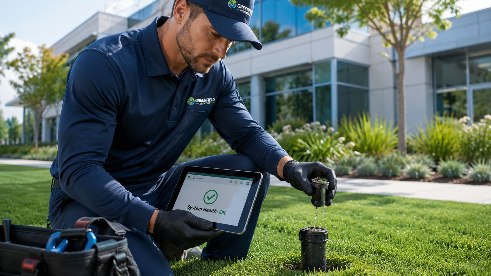 A technician wearing a uniform and gloves inspects an irrigation sprinkler head while using a digital tablet.