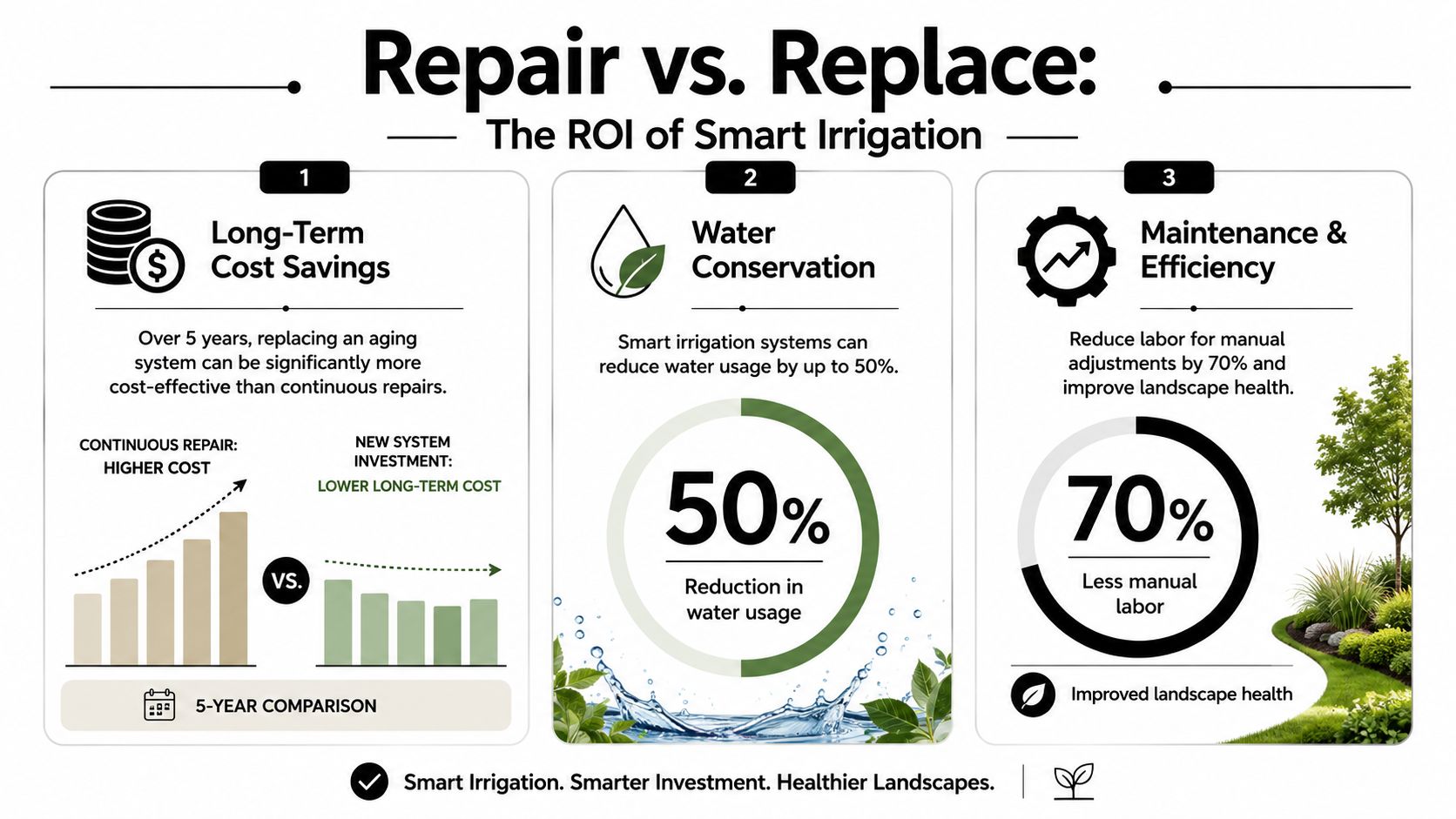 An infographic comparing the long-term ROI of repairing versus replacing aging smart irrigation systems for landscapes.