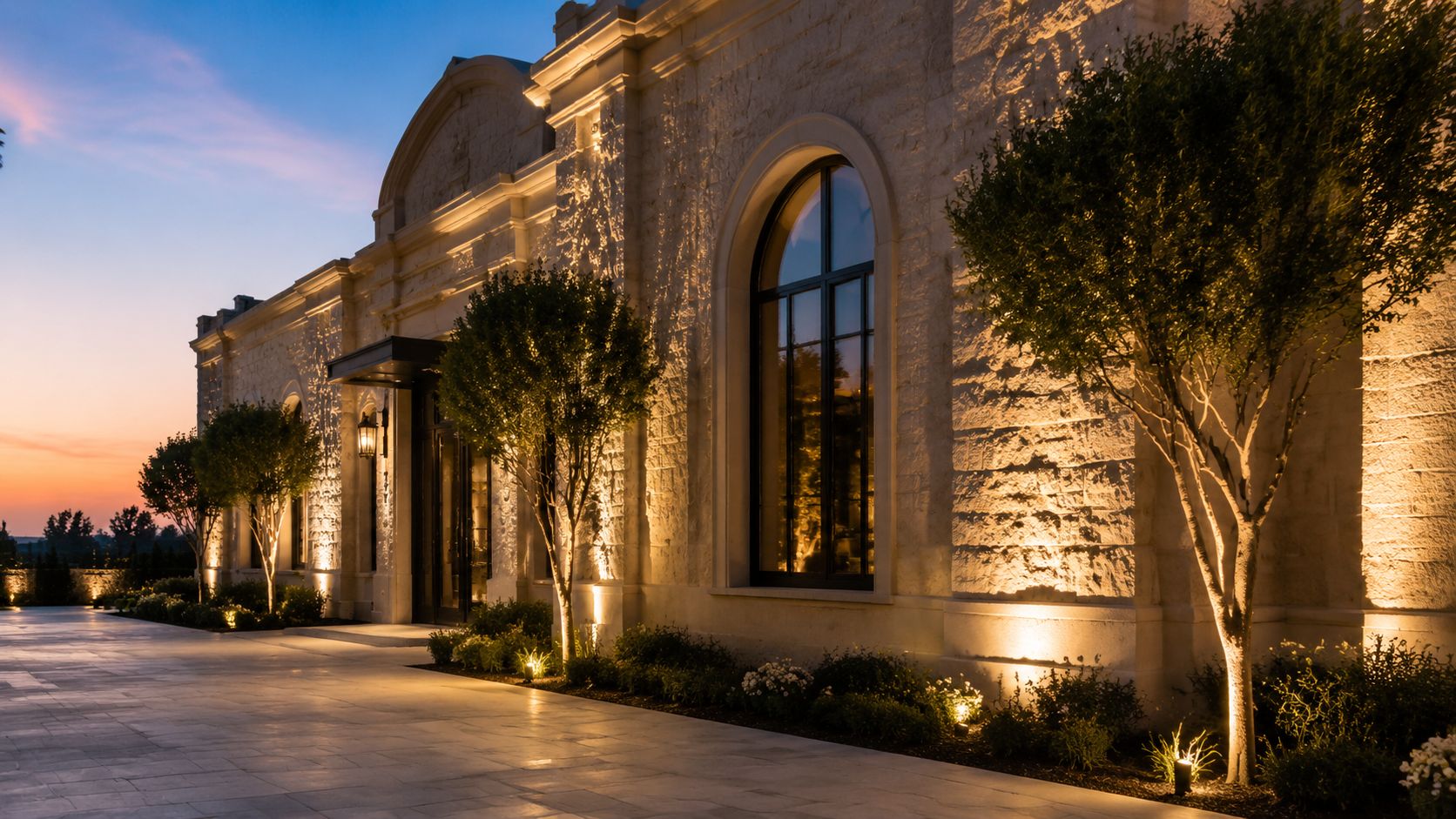 A modern stone building illuminated by elegant warm exterior landscape lighting at dusk with paved courtyard.
