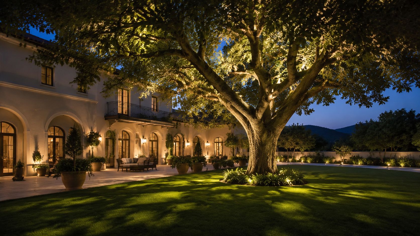 A luxurious mansion courtyard illuminated with elegant landscape lighting, showcasing a large central tree on green grass.