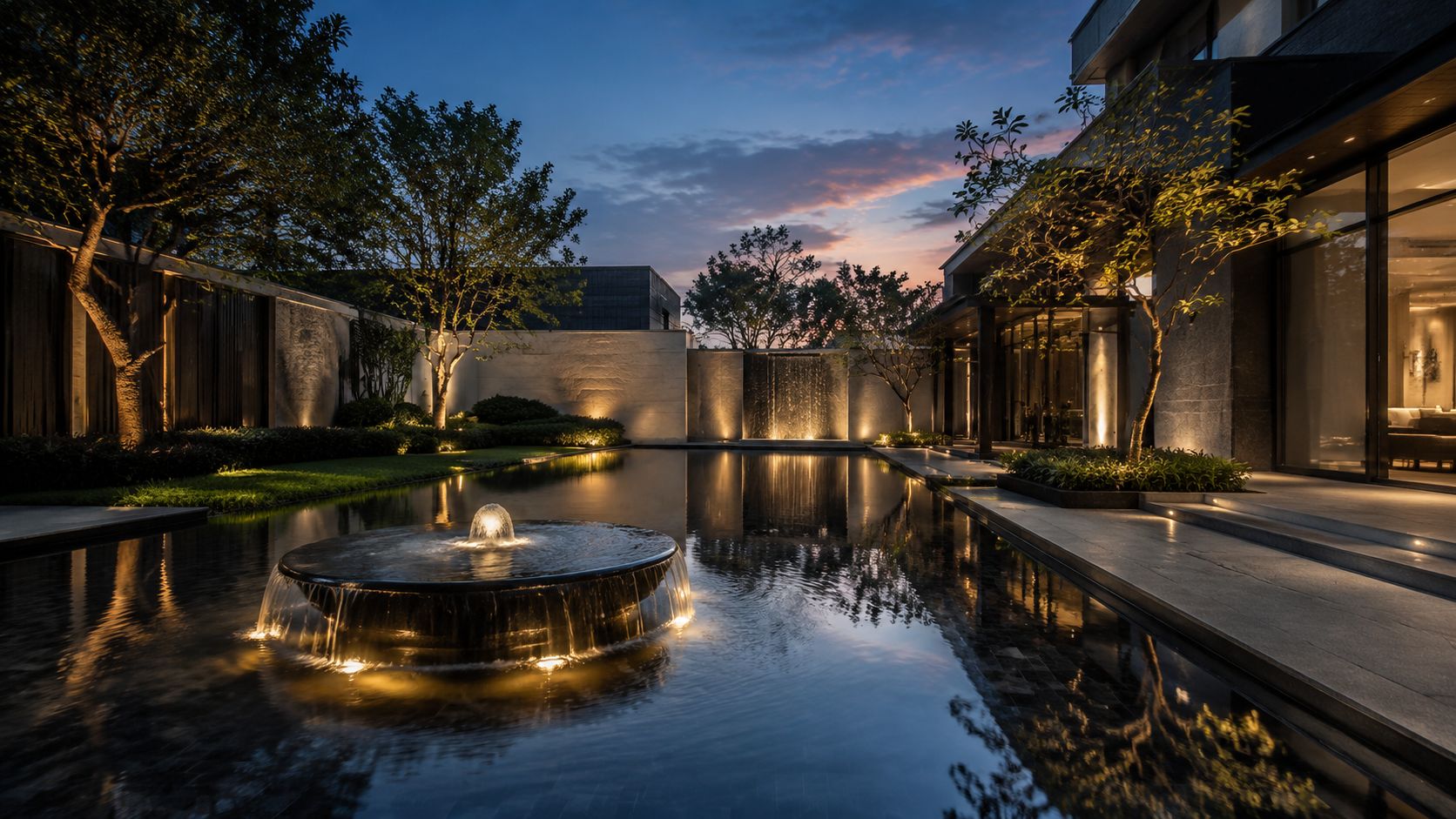 A serene backyard featuring a modern infinity pool, a stone fountain, and soft evening landscape lighting design.