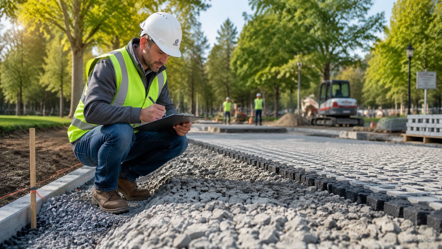 A construction manager in a hard hat and safety vest inspects a permeable pavement installation site.