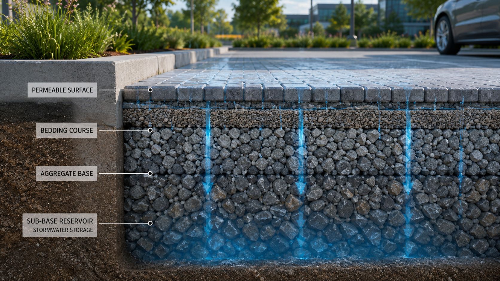A cross-section diagram of permeable pavement showing water filtration through aggregate layers into a stormwater reservoir.