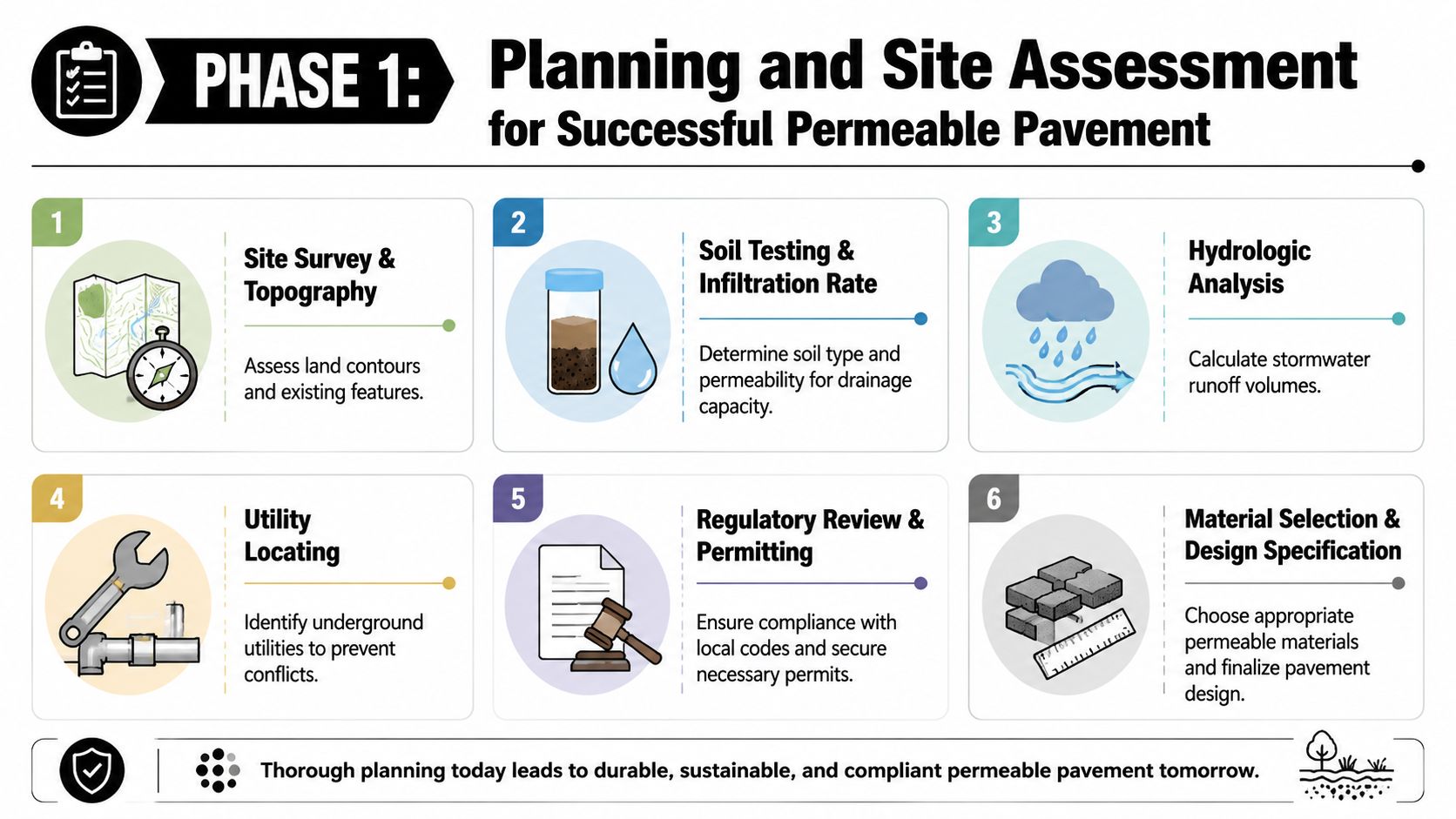 A six-step infographic detailing the planning and site assessment phase for successful permeable pavement installation.