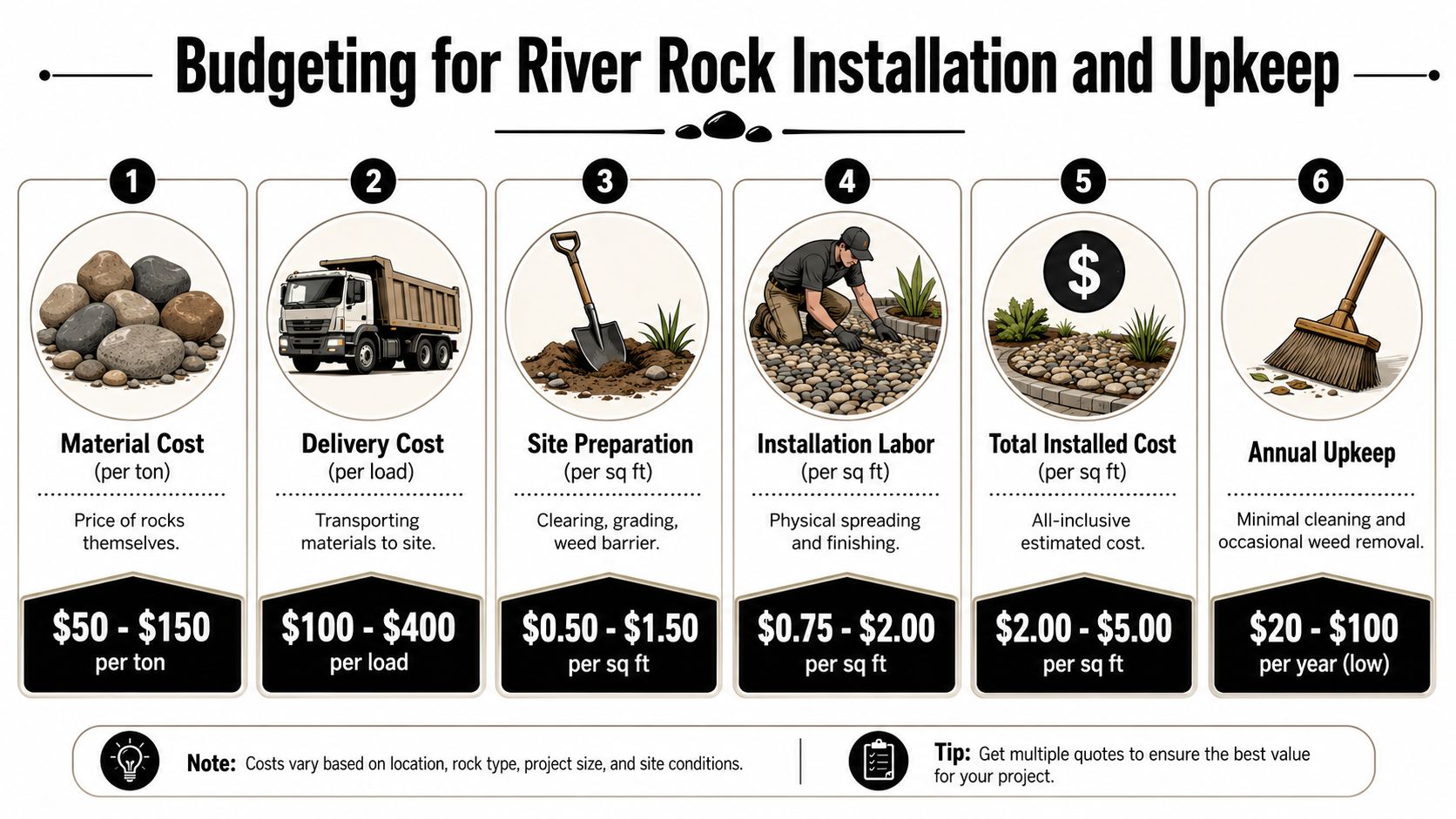 A six-step infographic detailing the various costs associated with installing and maintaining river rock landscaping.