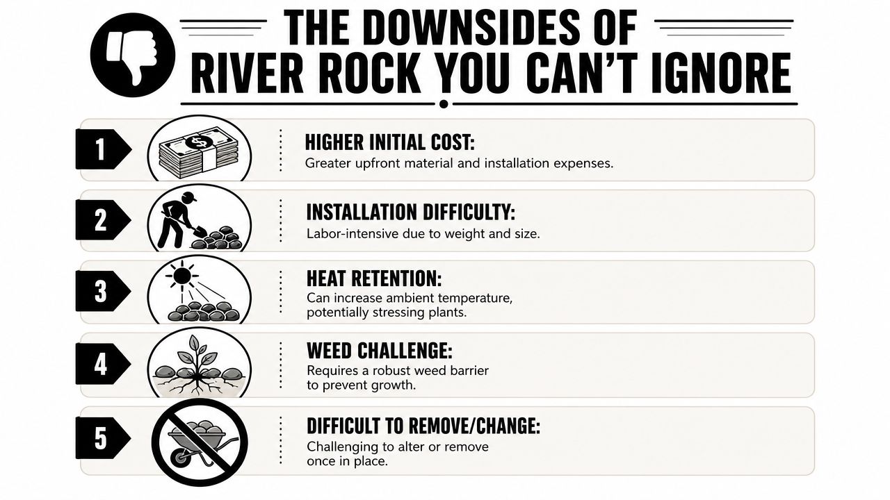 An infographic list outlining five key downsides of using river rock for landscaping and garden projects.