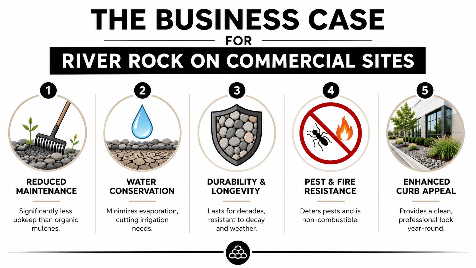 An infographic detailing the five key business benefits of using river rock as mulch for commercial landscaping.