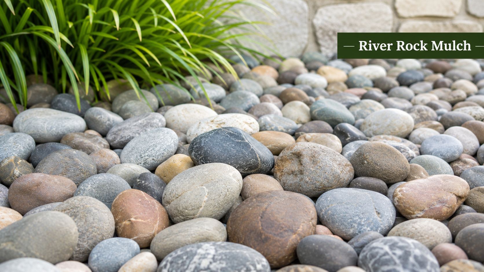 A close-up of smooth, multi-colored river rock mulch stones arranged in a garden bed near green grass.
