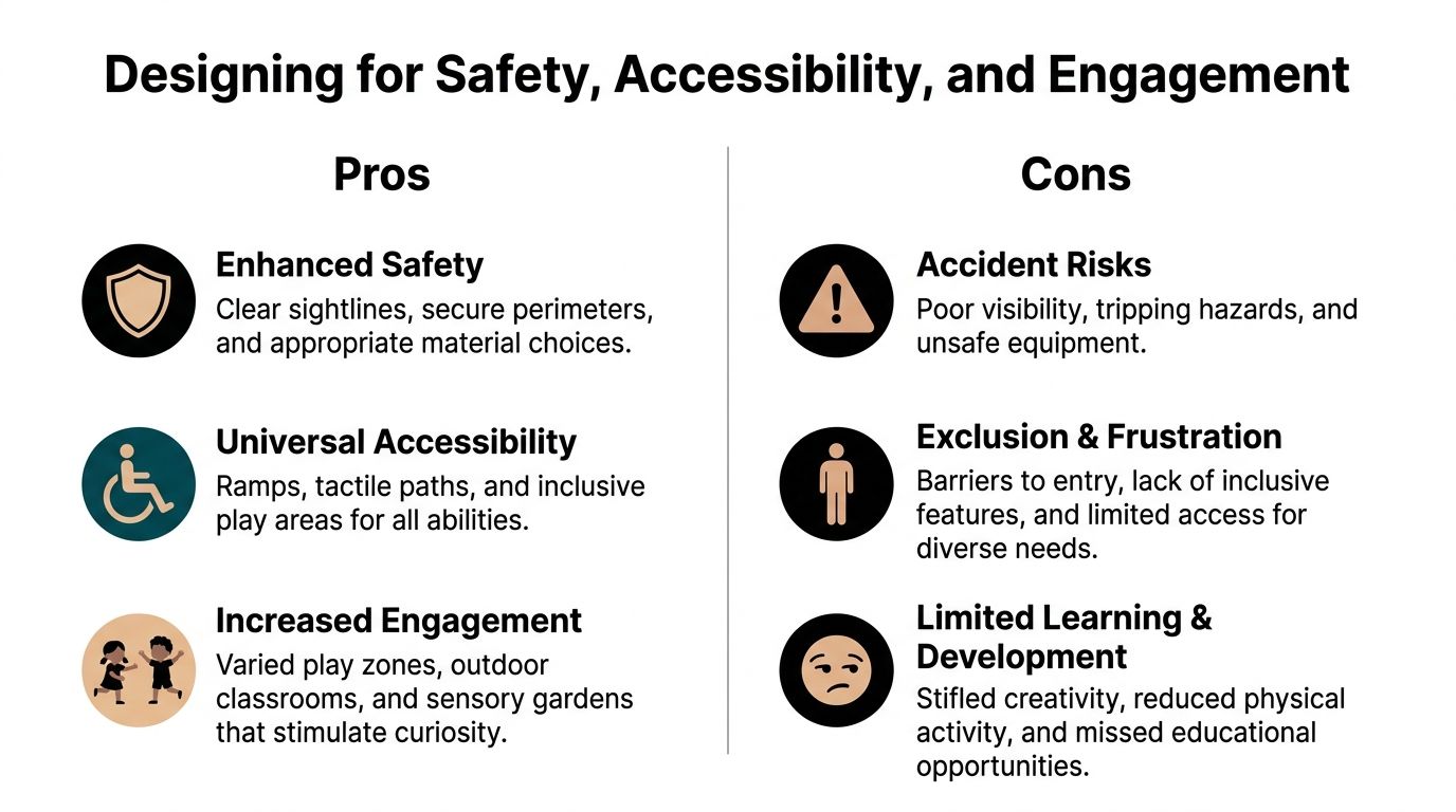 A comparison chart outlining the pros and cons of prioritizing safety, accessibility, and engagement in school landscapes.