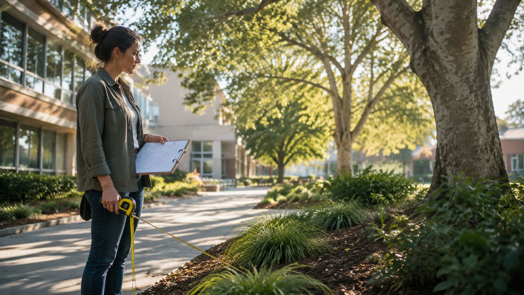 A professional landscaper holding blueprints while using a measuring tape in a lush school garden.