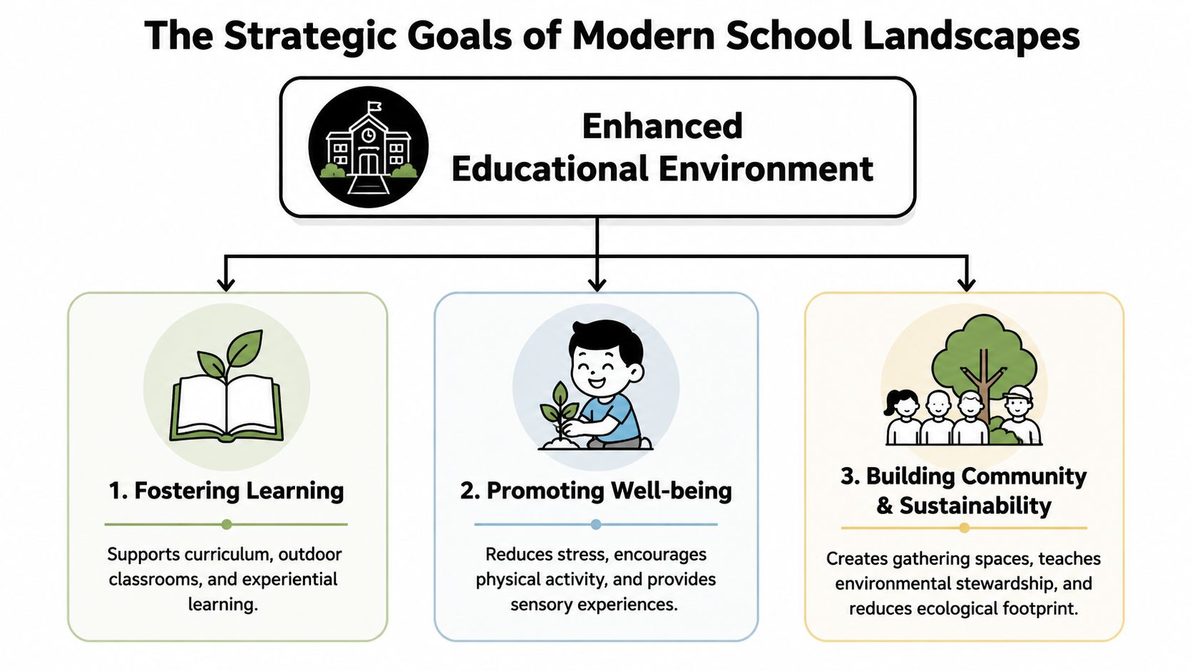 A diagram outlining the three strategic goals of modern school landscape design for educational environments.