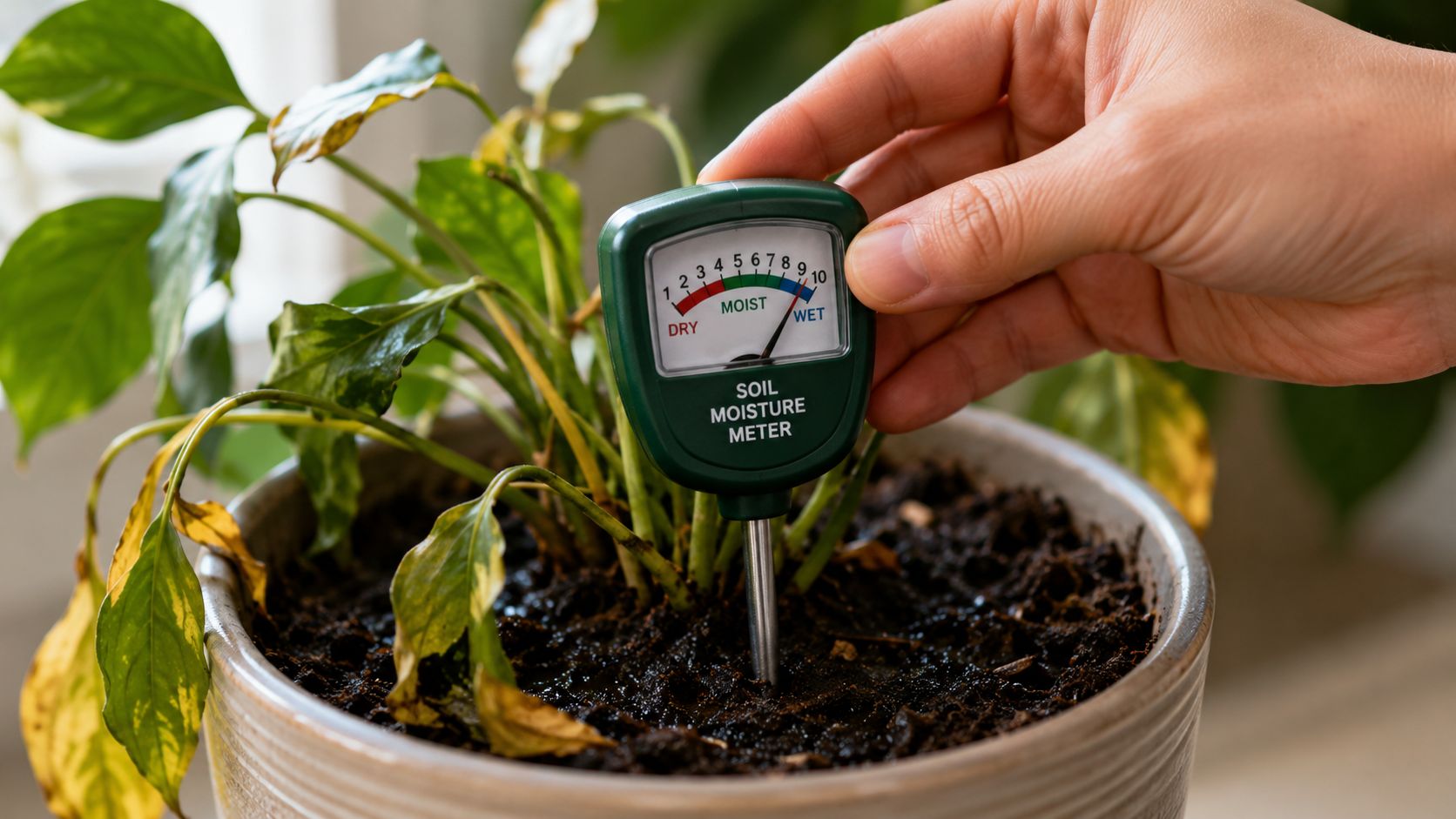 A hand using a soil moisture meter to check the wet dirt in a potted plant.