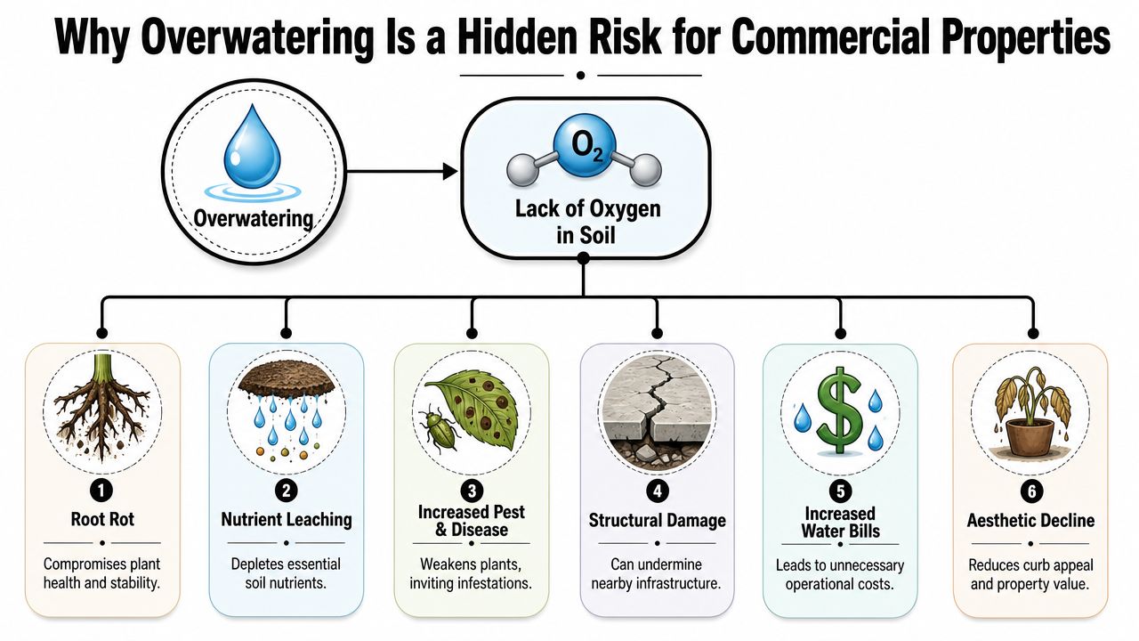 A flow chart illustrating how overwatering causes oxygen depletion in soil, leading to six negative impacts.