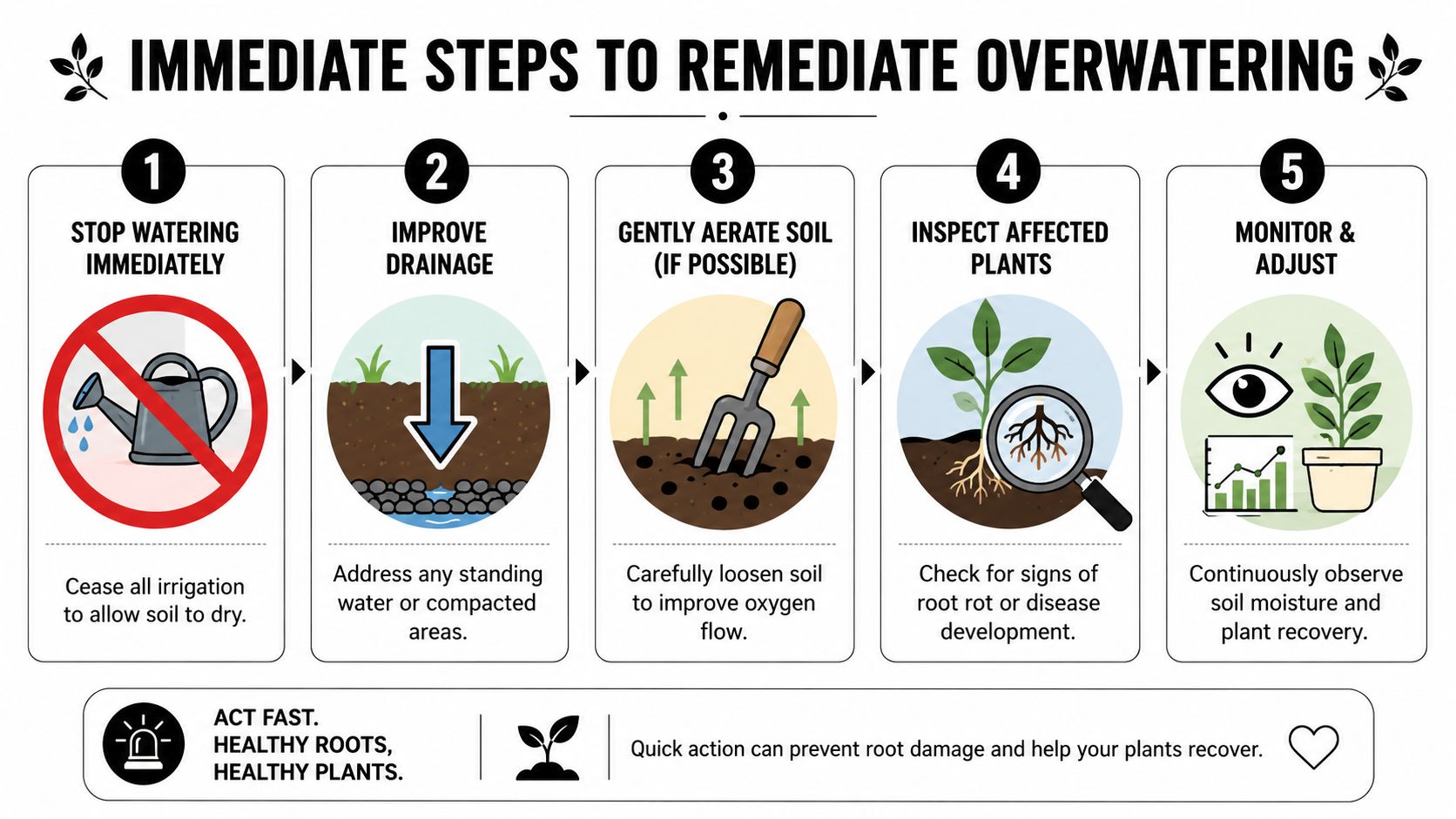 An infographic detailing five steps to remediate overwatered plants, including stopping irrigation and checking roots.