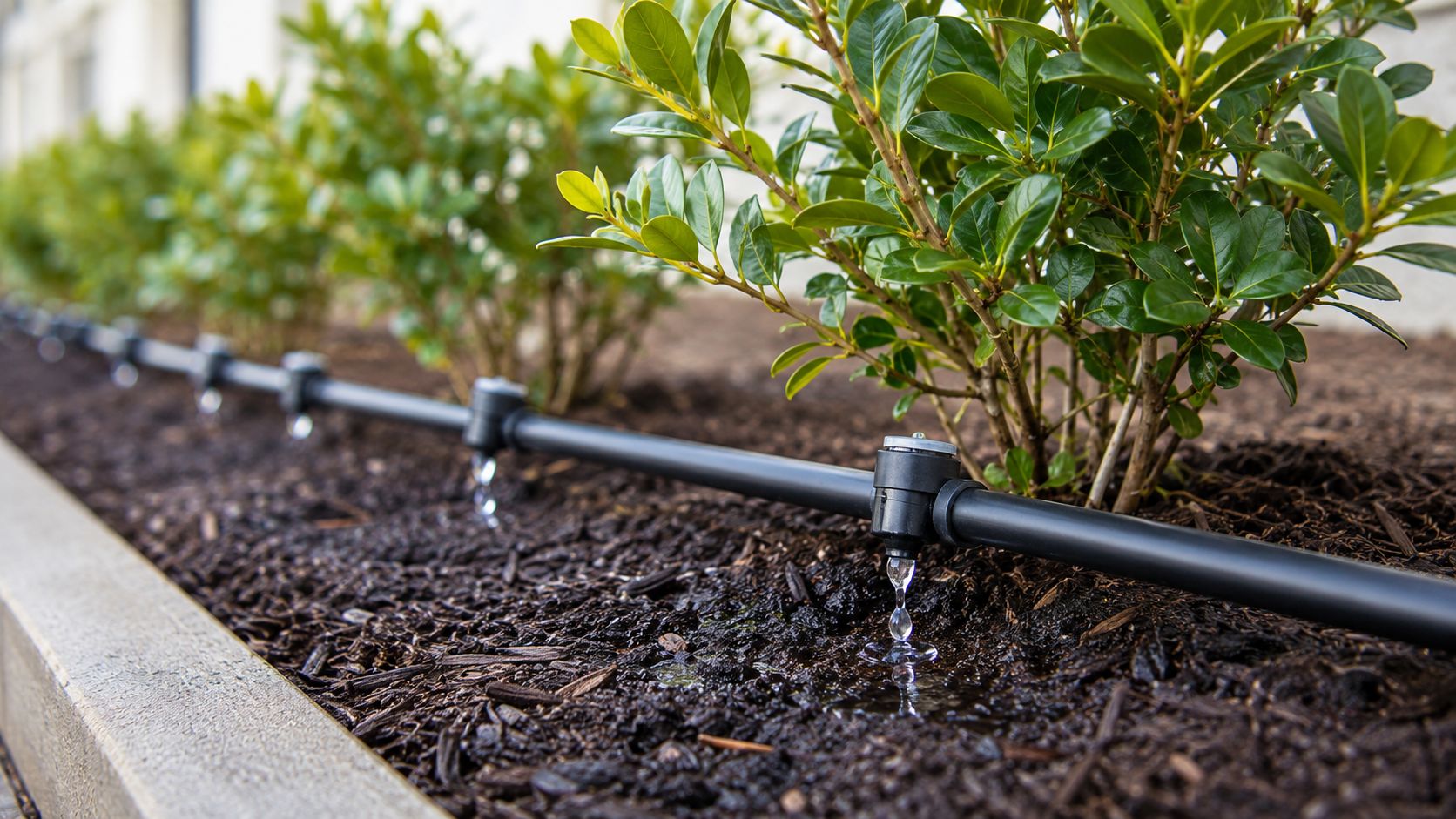 A black drip irrigation system watering green shrubs in a garden bed with mulch and wet soil.