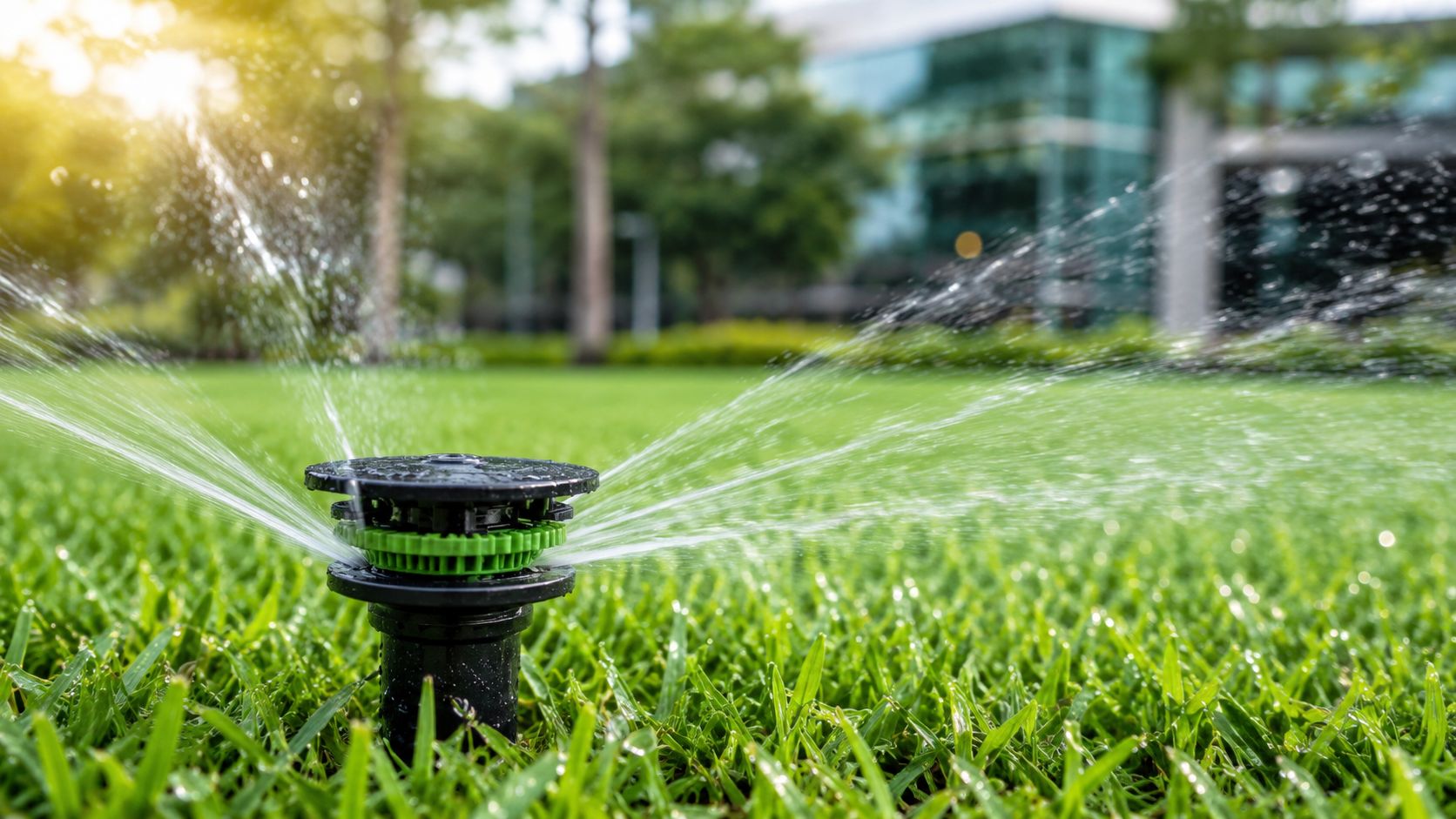 A professional irrigation sprinkler head watering a lush green lawn during a sunny day in summer.