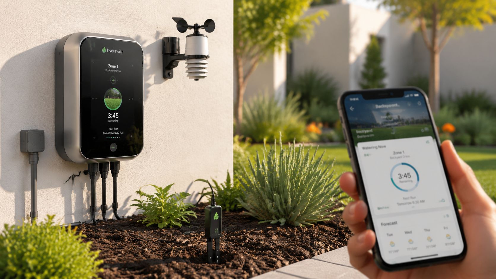 A modern smart irrigation system installed on a white wall with a smartphone showing app control.