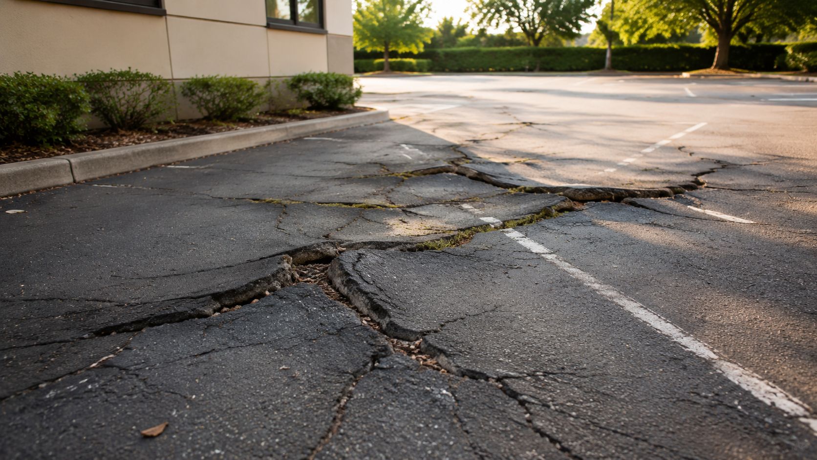 Cracked and uplifted asphalt in a parking lot caused by aggressive underground tree roots damaging the pavement.
