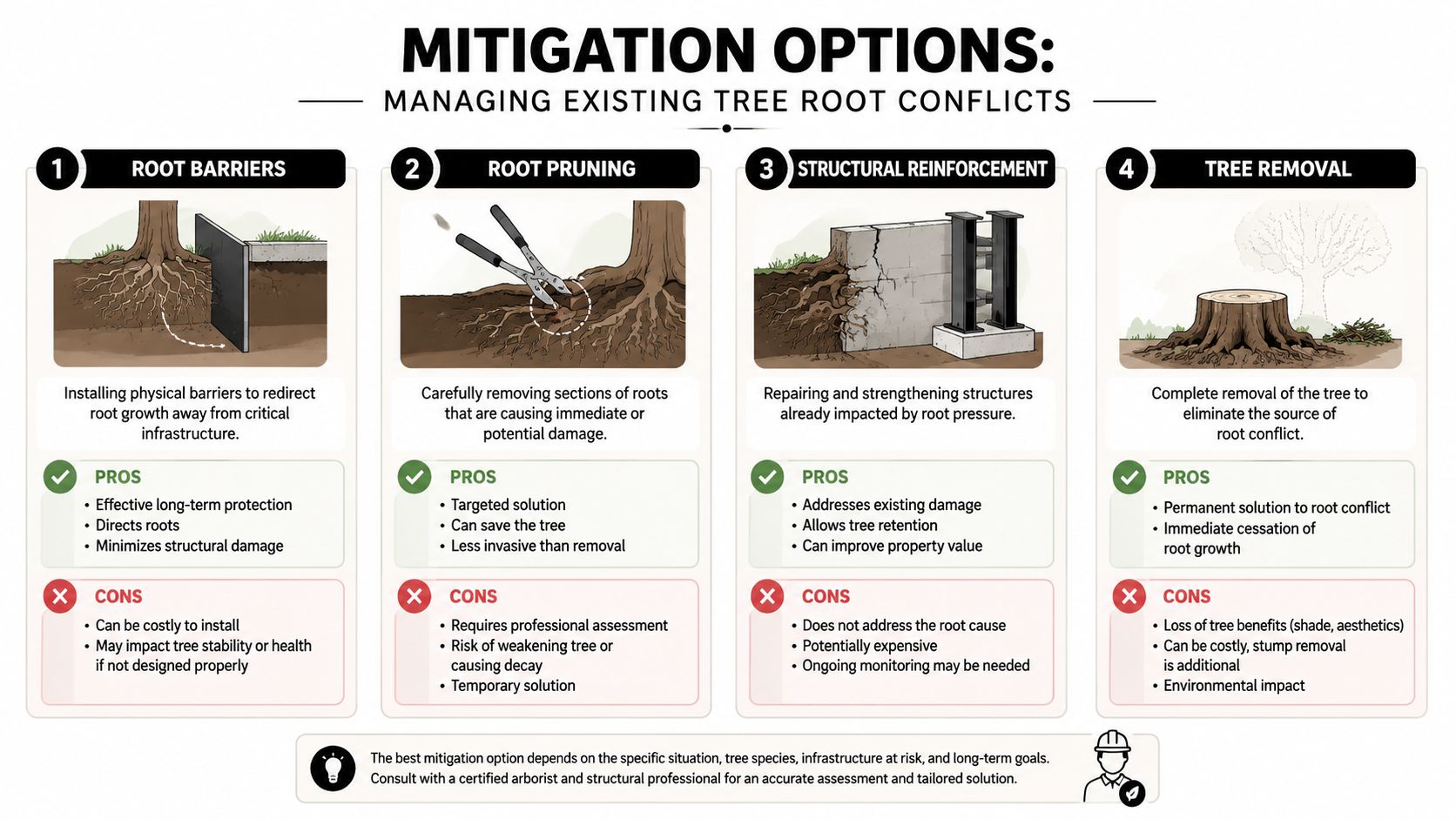 An infographic detailing four professional mitigation options for managing existing tree root conflicts and infrastructure damage.