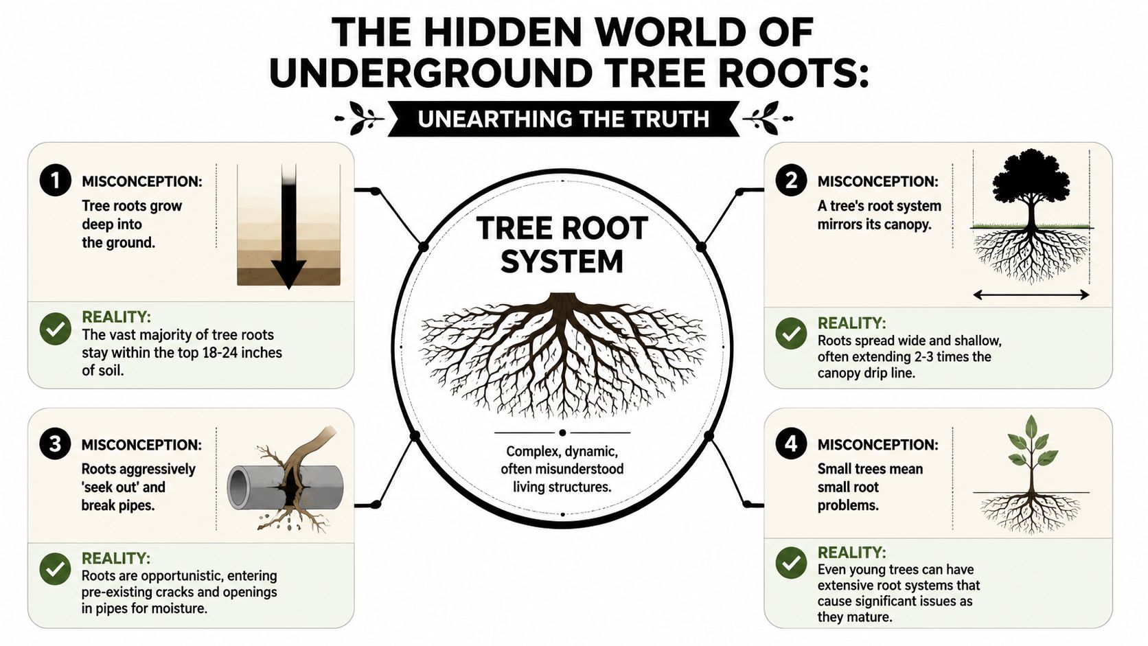 An infographic titled The Hidden World of Underground Tree Roots debunking four common misconceptions about tree root systems.