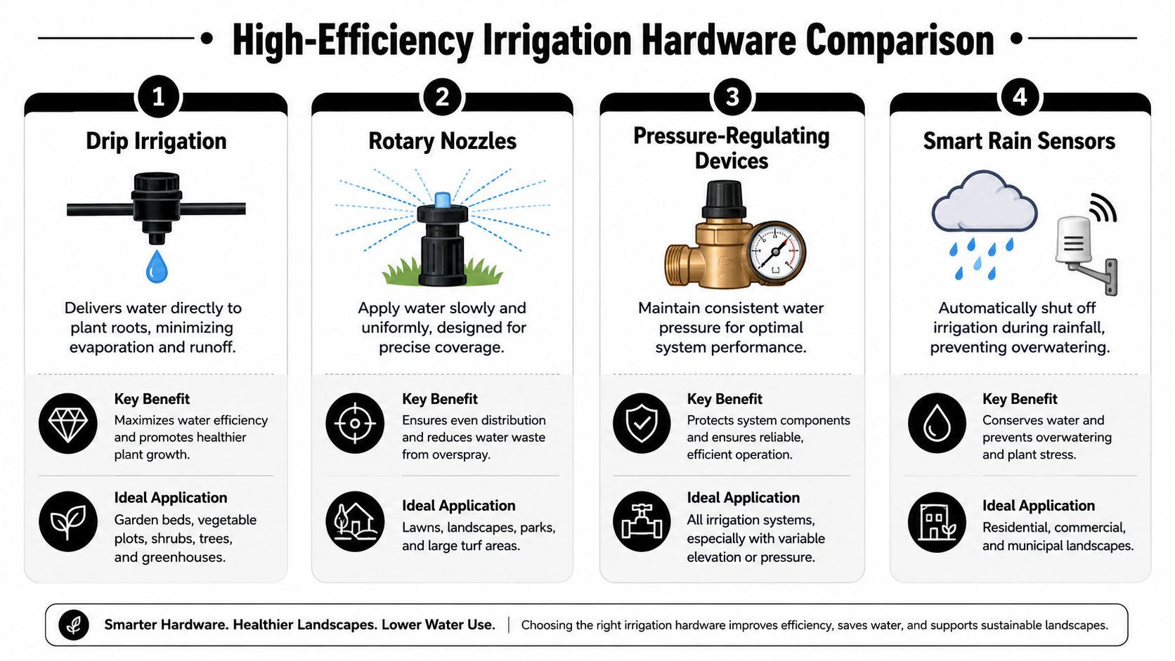 An infographic comparing four types of high-efficiency irrigation hardware for sustainable landscaping and water conservation practices.