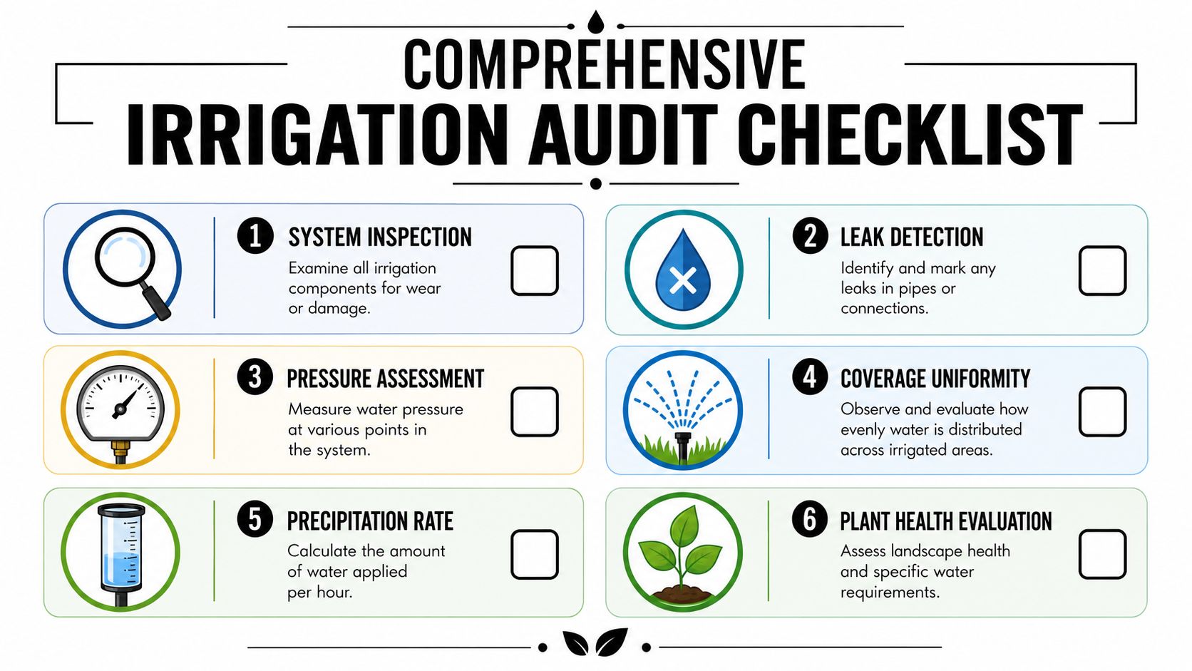 A comprehensive irrigation audit checklist with six numbered steps for maintaining efficient and healthy water systems.