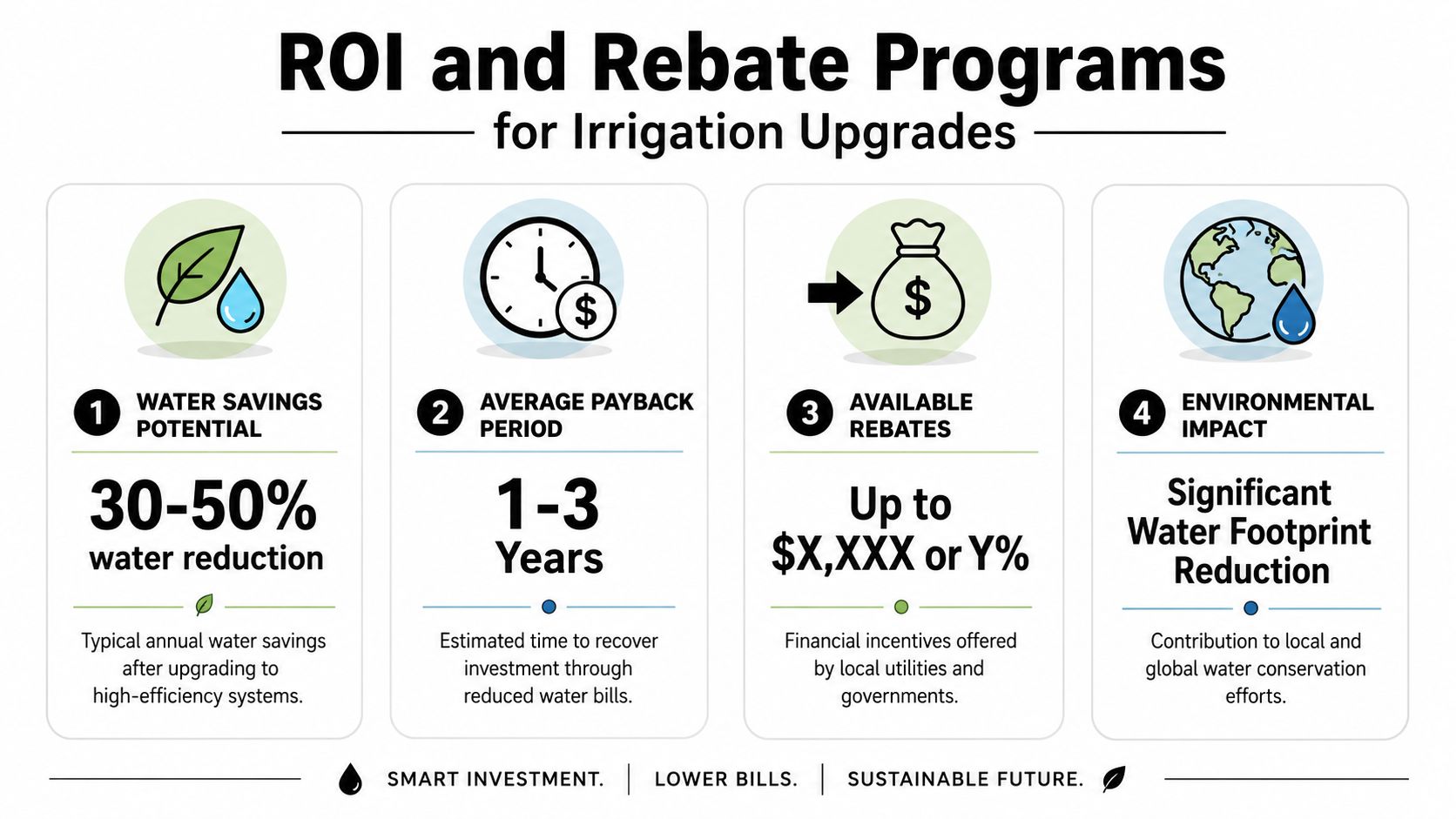 An infographic detailing the ROI and financial rebate benefits of upgrading to high-efficiency irrigation systems.