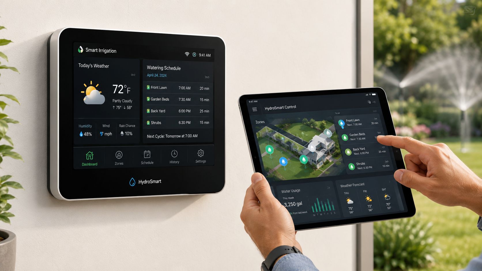 A wall-mounted smart irrigation display and a person using a tablet to control home watering zones.