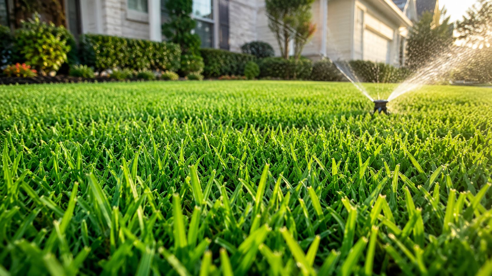 A close-up view of a vibrant green lawn with an automatic sprinkler system watering the grass.