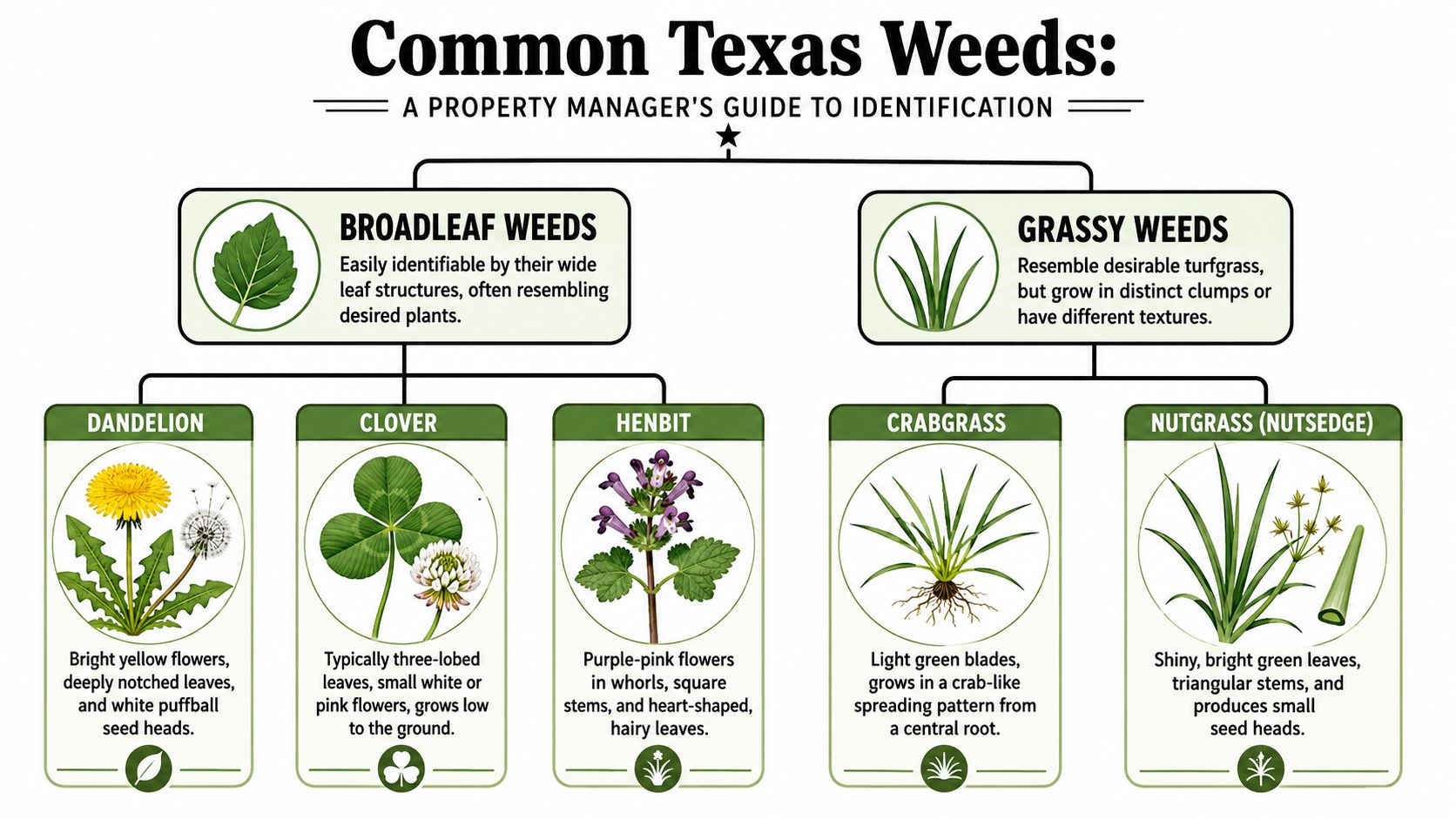 An infographic titled Common Texas Weeds showing categories for broadleaf weeds and grassy weeds with descriptions.