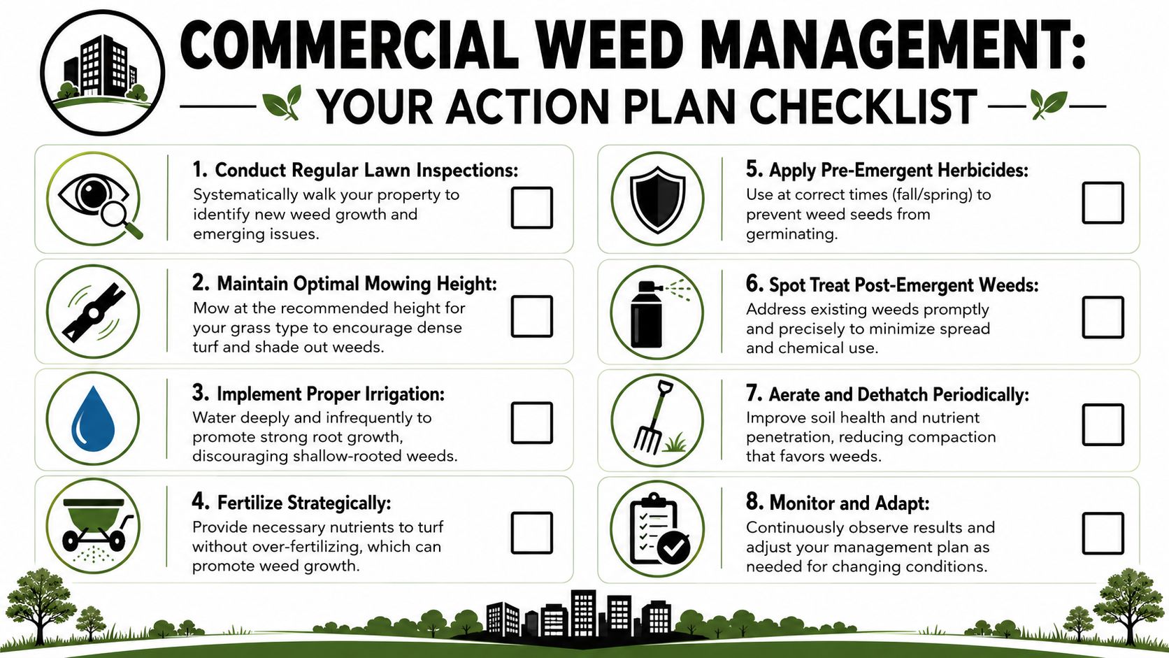 A checklist infographic titled Commercial Weed Management for professional lawn care and property maintenance planning.