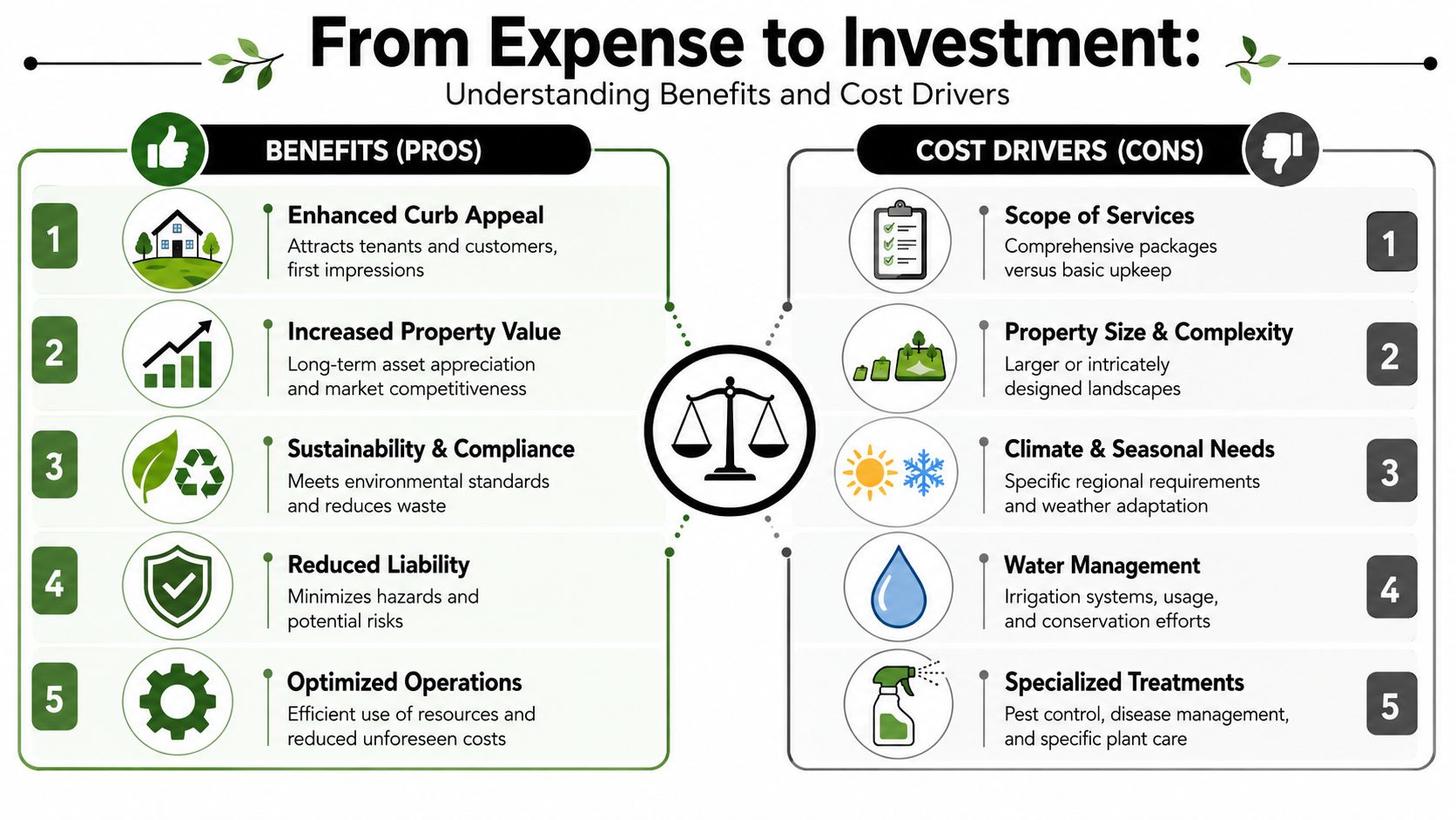 An infographic titled From Expense to Investment showing a comparison between benefits and cost drivers of landscape maintenance.