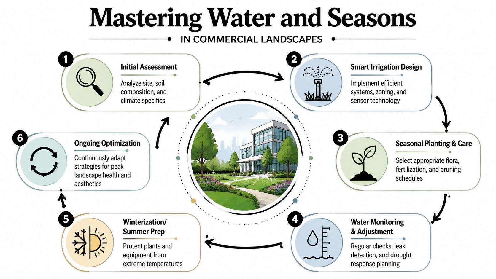 A diagram illustrating the six-step process for managing water and seasonal landscaping in commercial outdoor spaces.